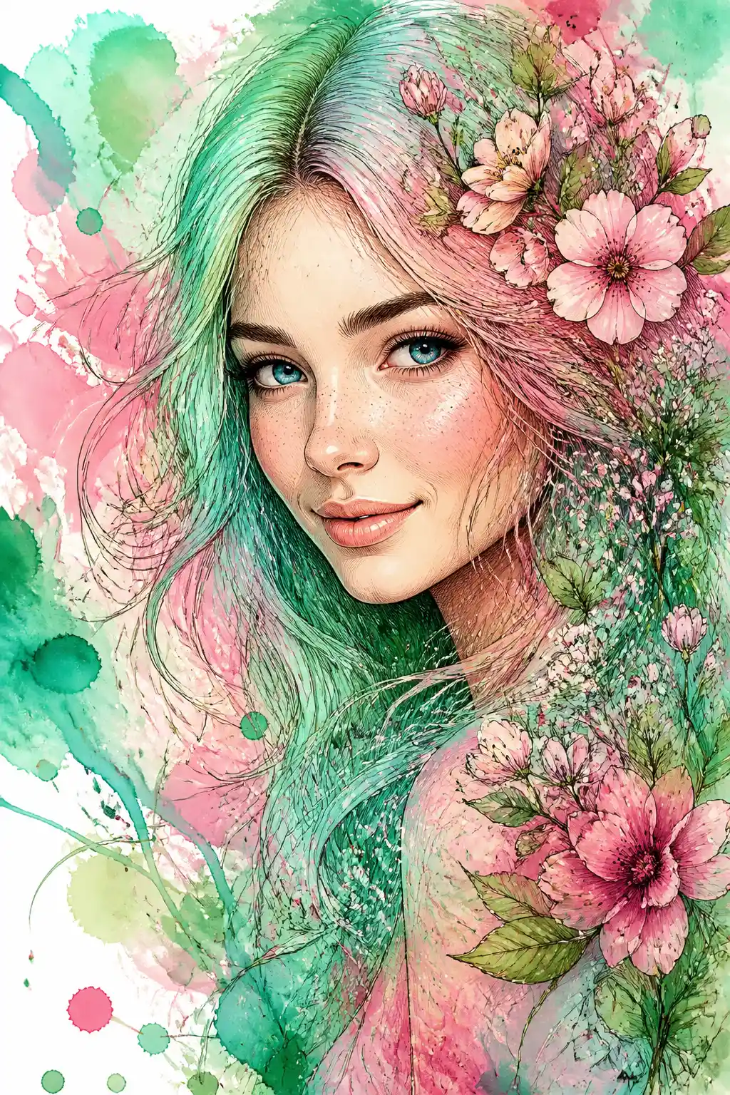 Colorido retrato primaveral de una mujer con cabello floral