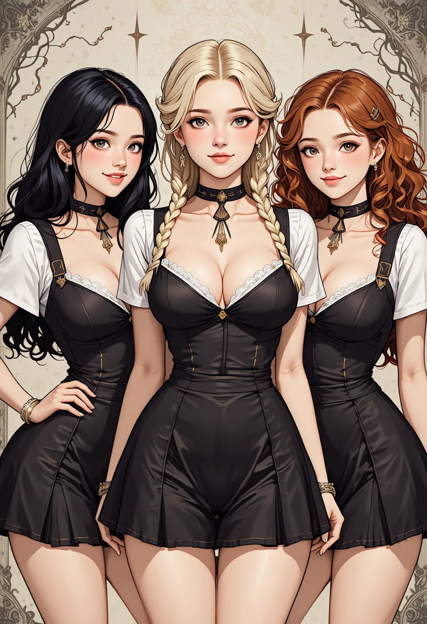 짧은 제복 원피스를 입은 발랄한 소녀 셋이 함께 플러팅하는 모습