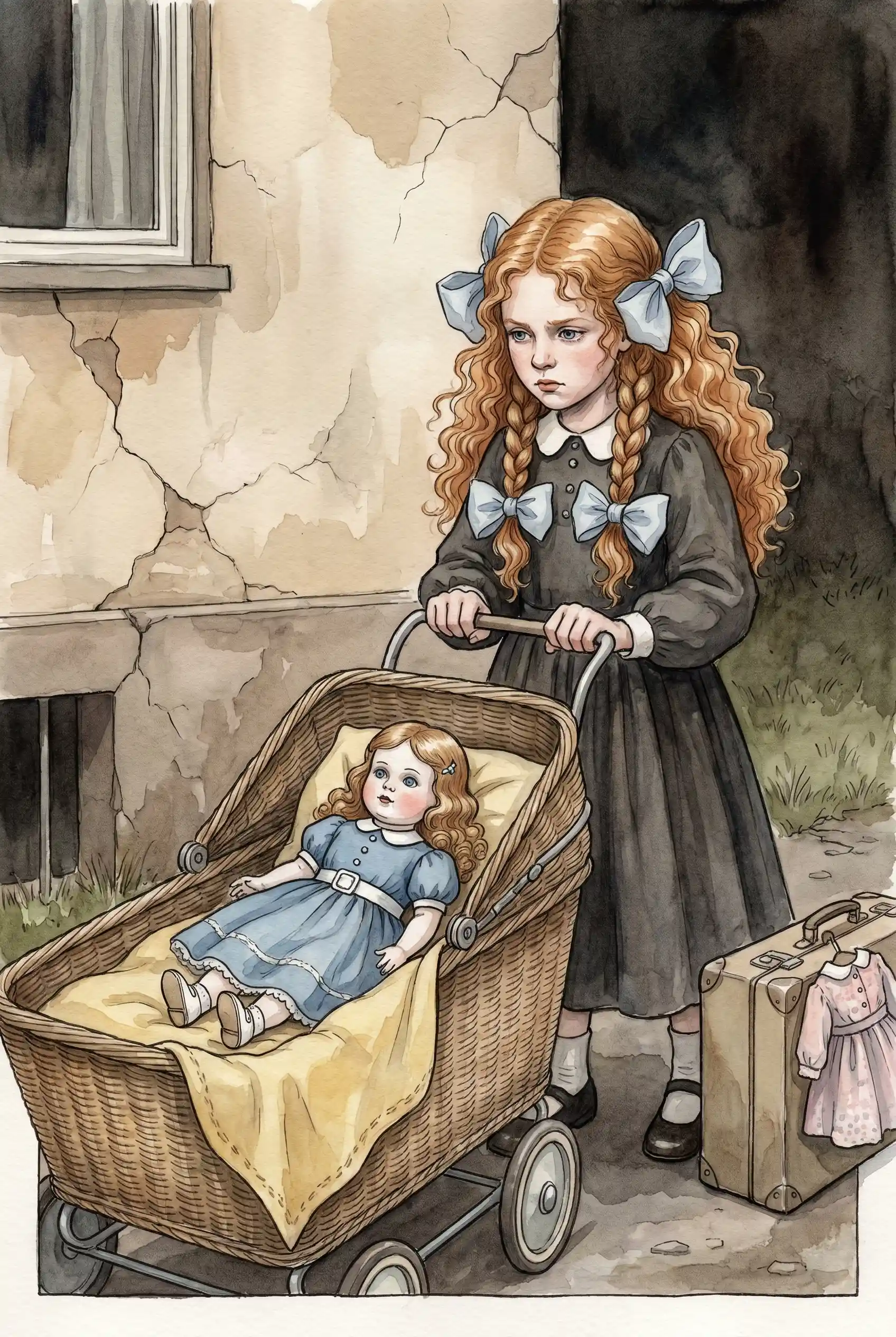 Melancholic girl with doll carriage in faded garden