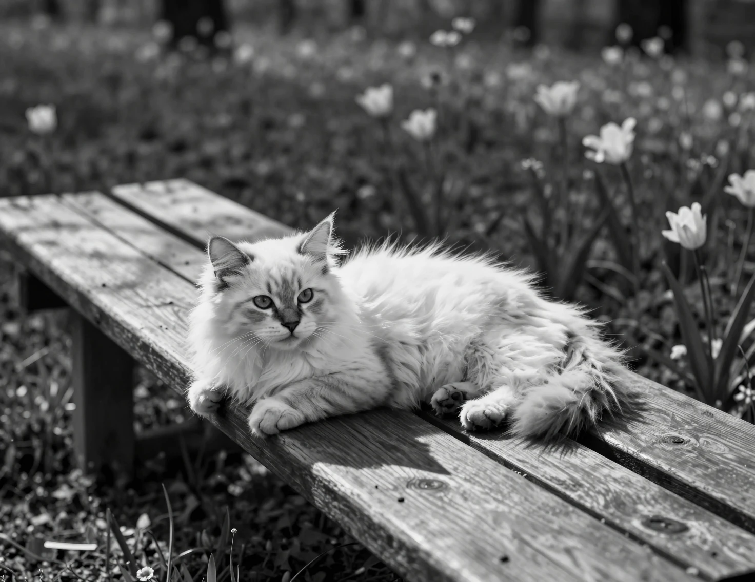 Gatito blanco descansando en un banco de madera entre flores de primavera