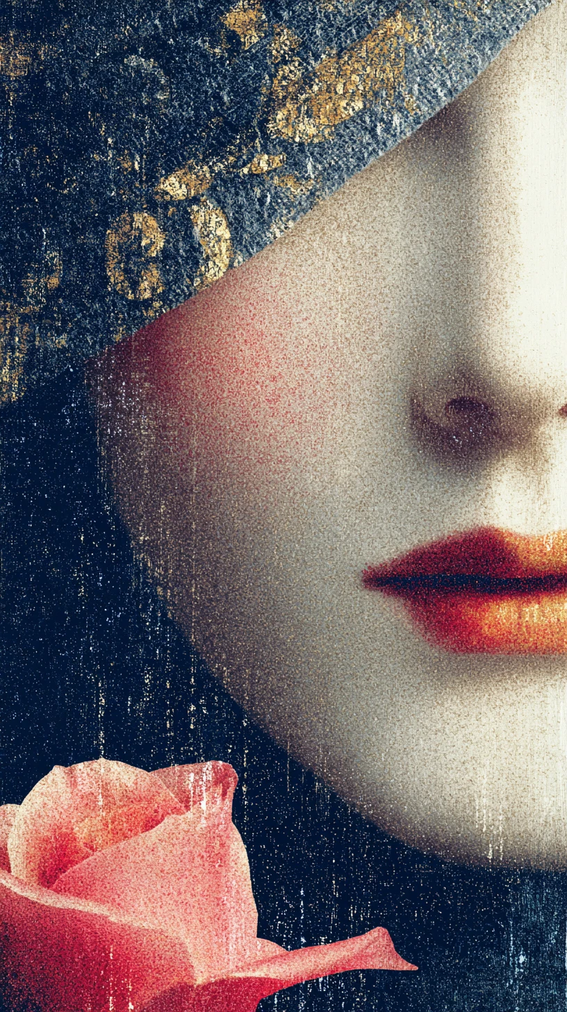 Retrato Surreal de Mulher com Lábios de Pétalas de Rosa em Arte de Colagem