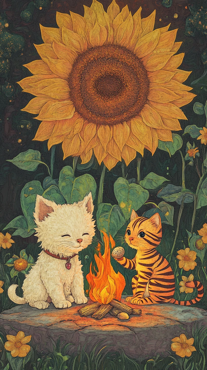 Chiot et chaton de dessin animé partageant des graines de tournesol au coucher du soleil