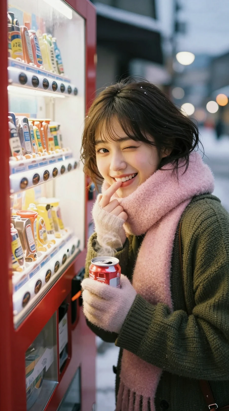 Garota japonesa em close ao lado de máquina de vendas vermelha à noite