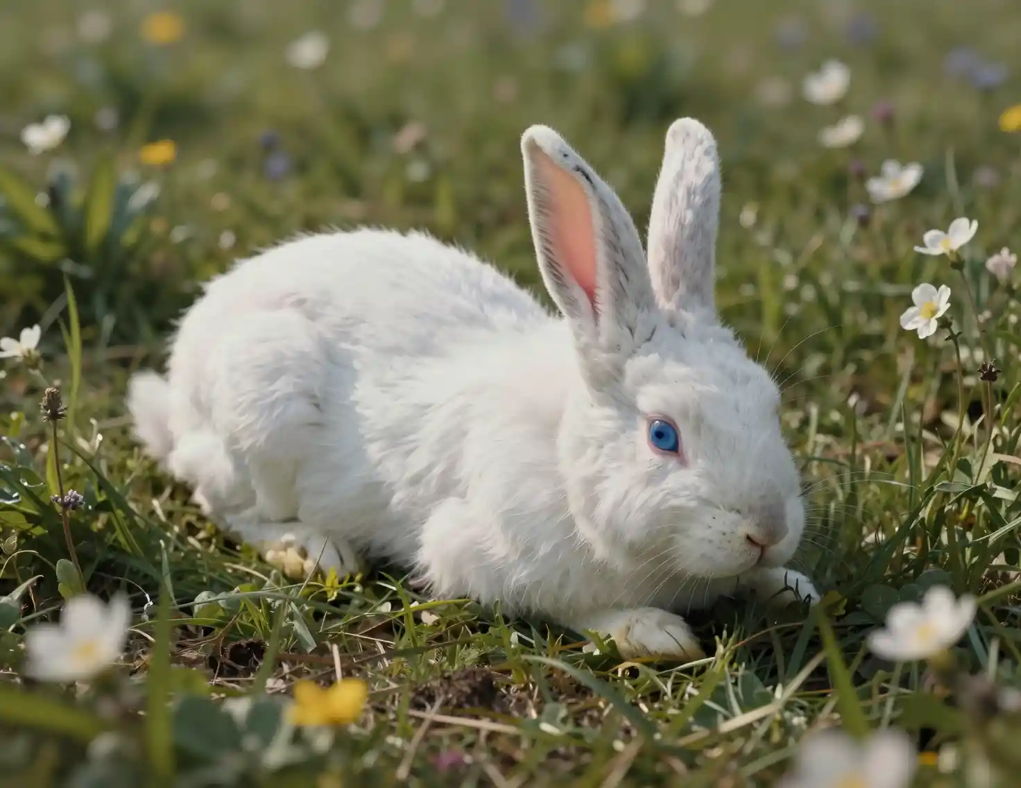 White rabbit resting in a spring flower field