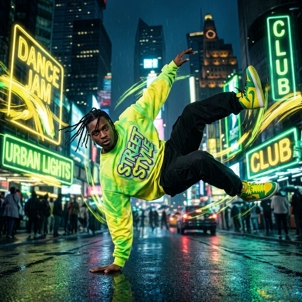 Hip-Hop-Tänzer in Bewegung vor Neonlichtern der Stadt