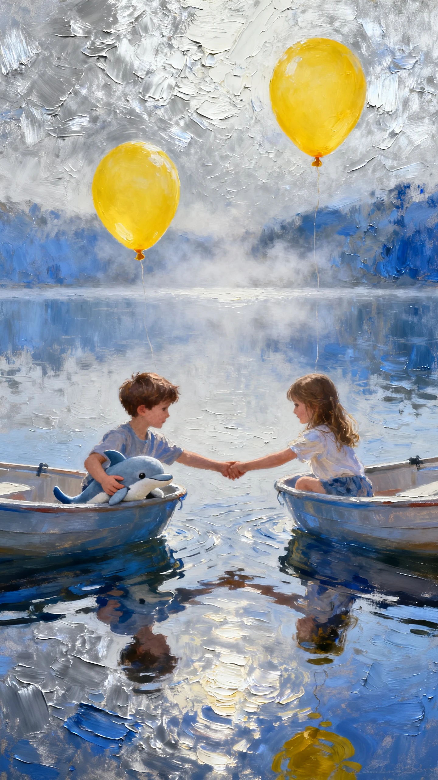Enfants se tenant par la main dans des bateaux sur un lac bleu en impasto