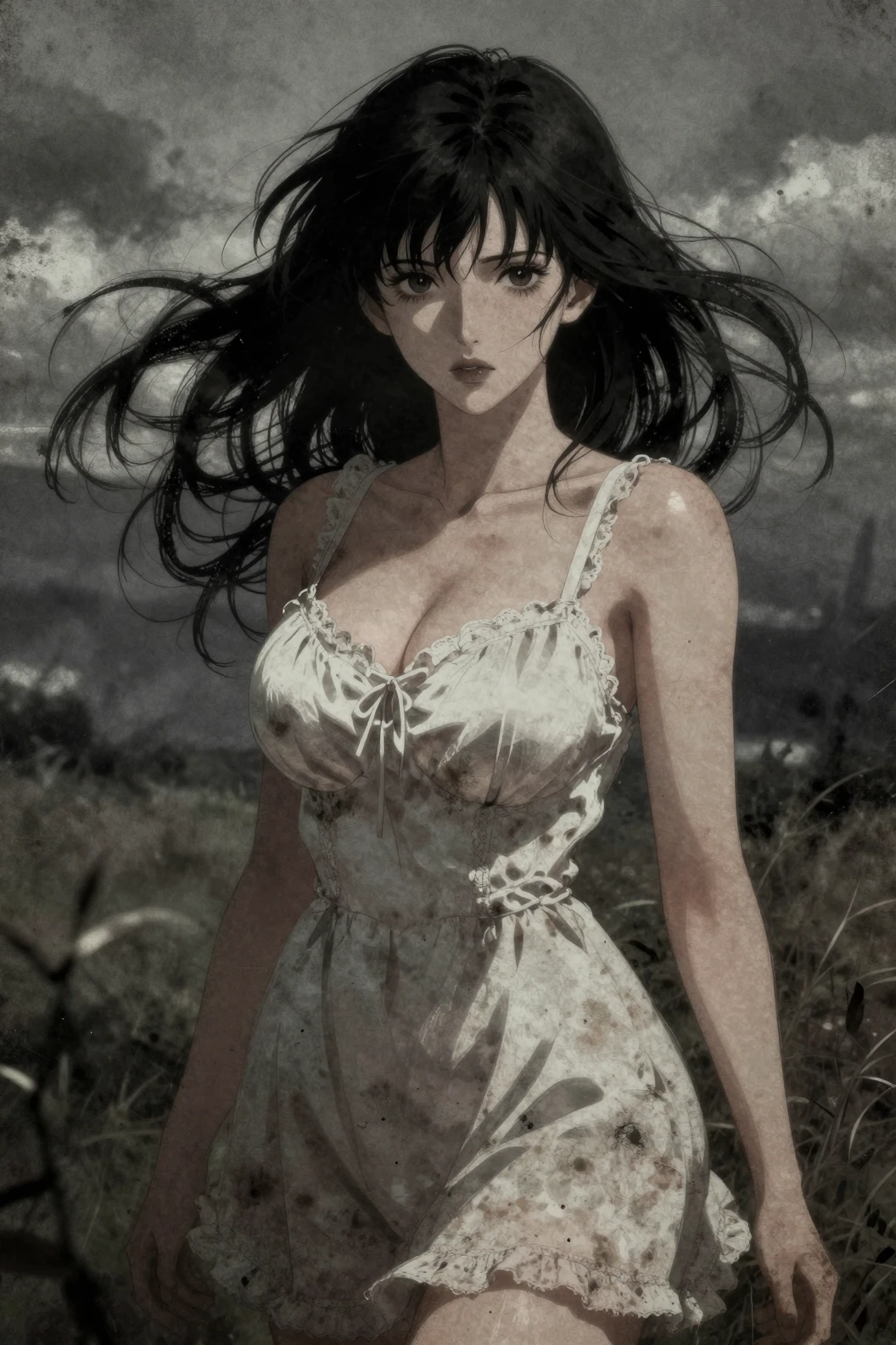 Donna anime astratta in un vestitino carino con capelli svolazzanti