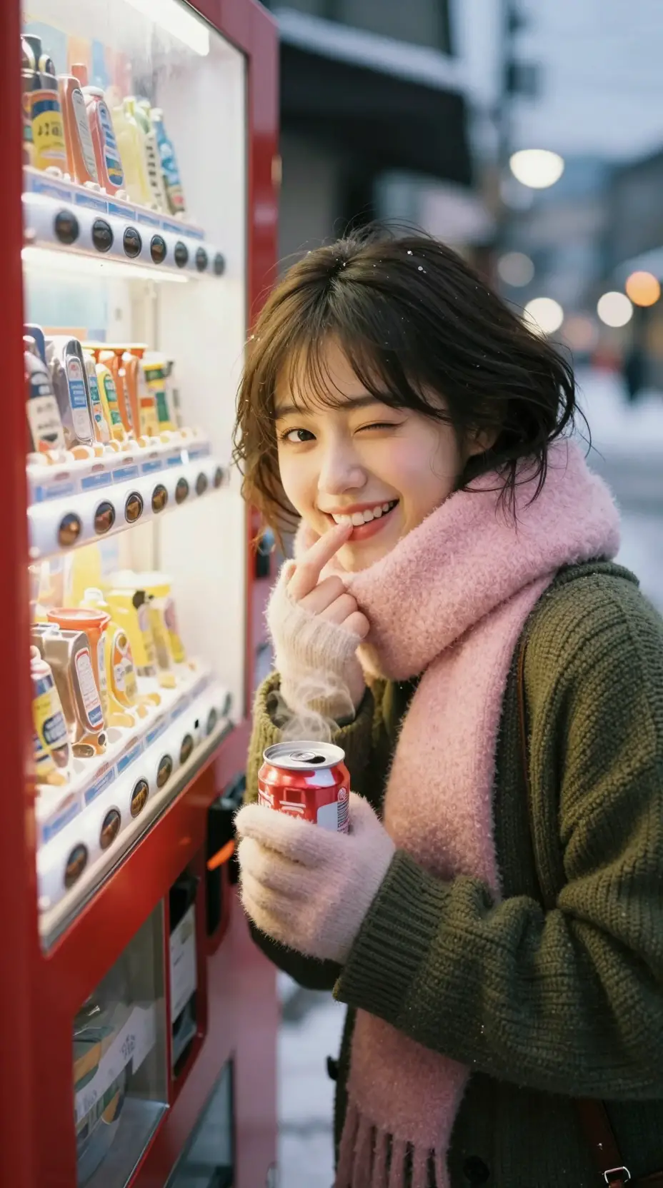 夜晚紅色自動販賣機旁的日本女孩特寫