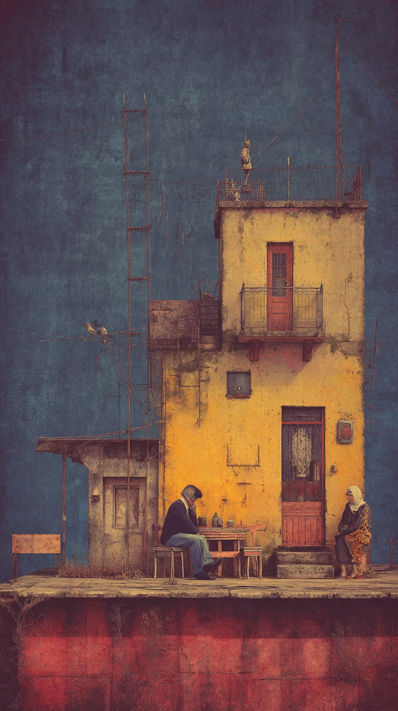 Pintura surreal de una pareja enamorada en un diorama abstracto