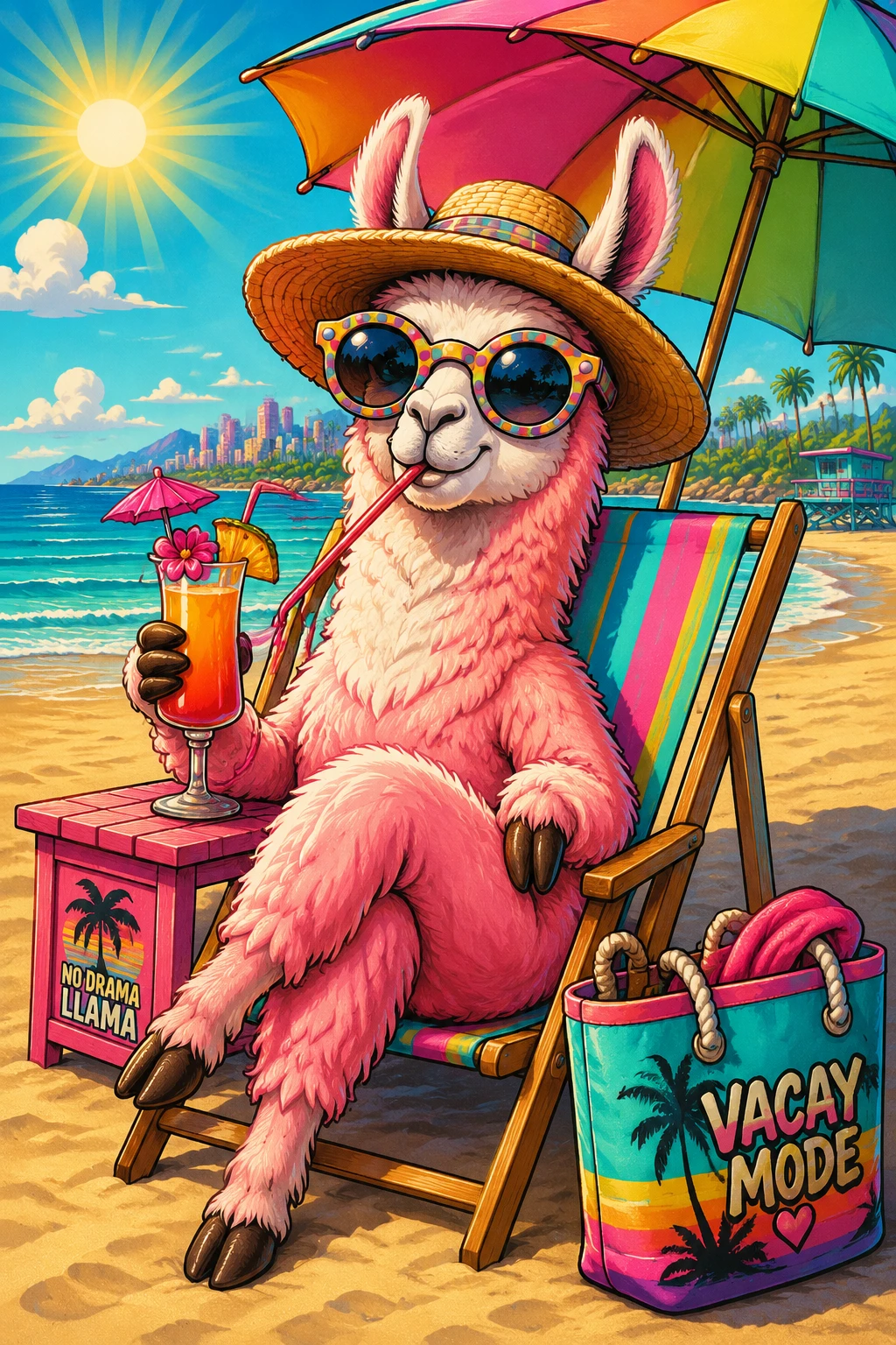 Cute pink llama relaxing on a sunny beach vacation