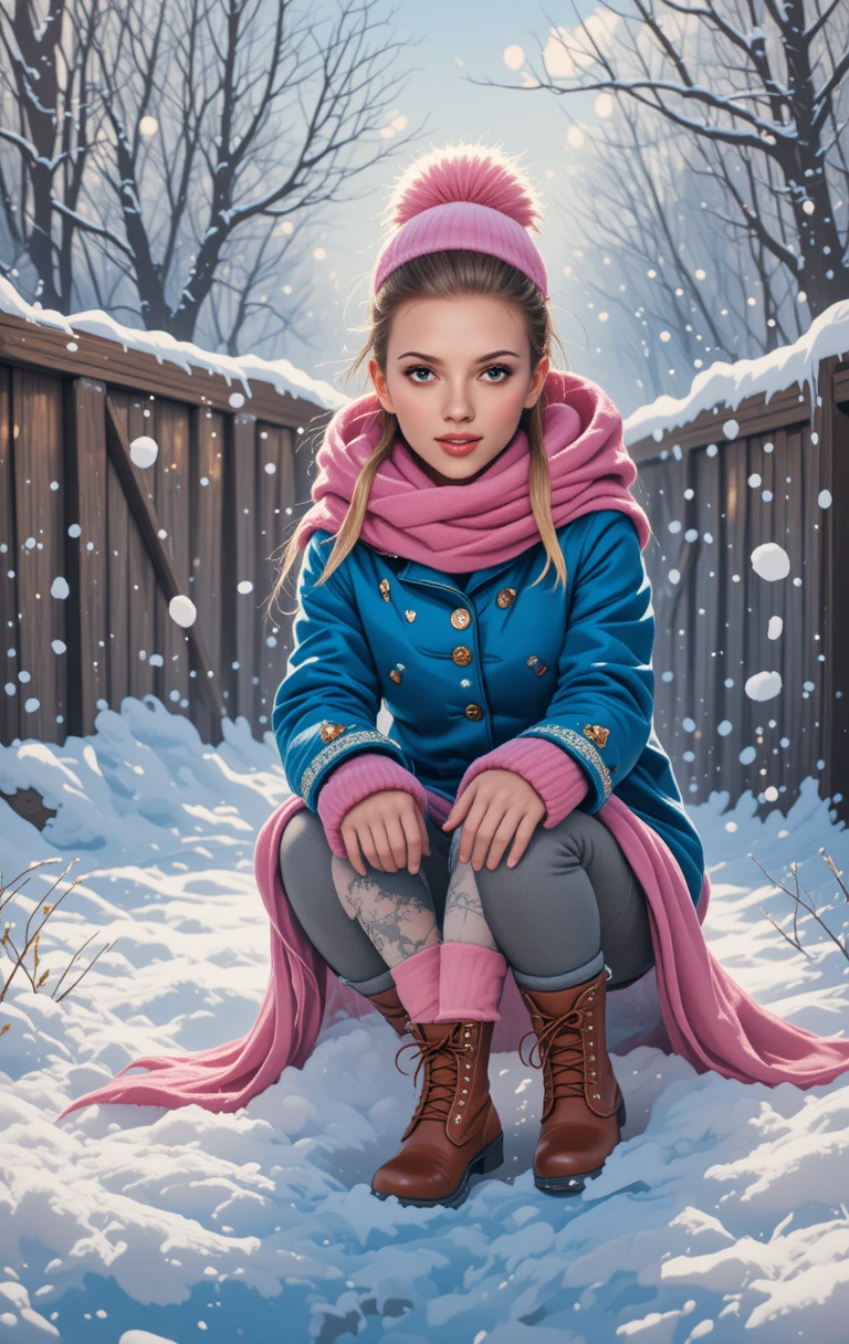 Fille d’anime souriante dans un paysage d’hiver ensoleillé
