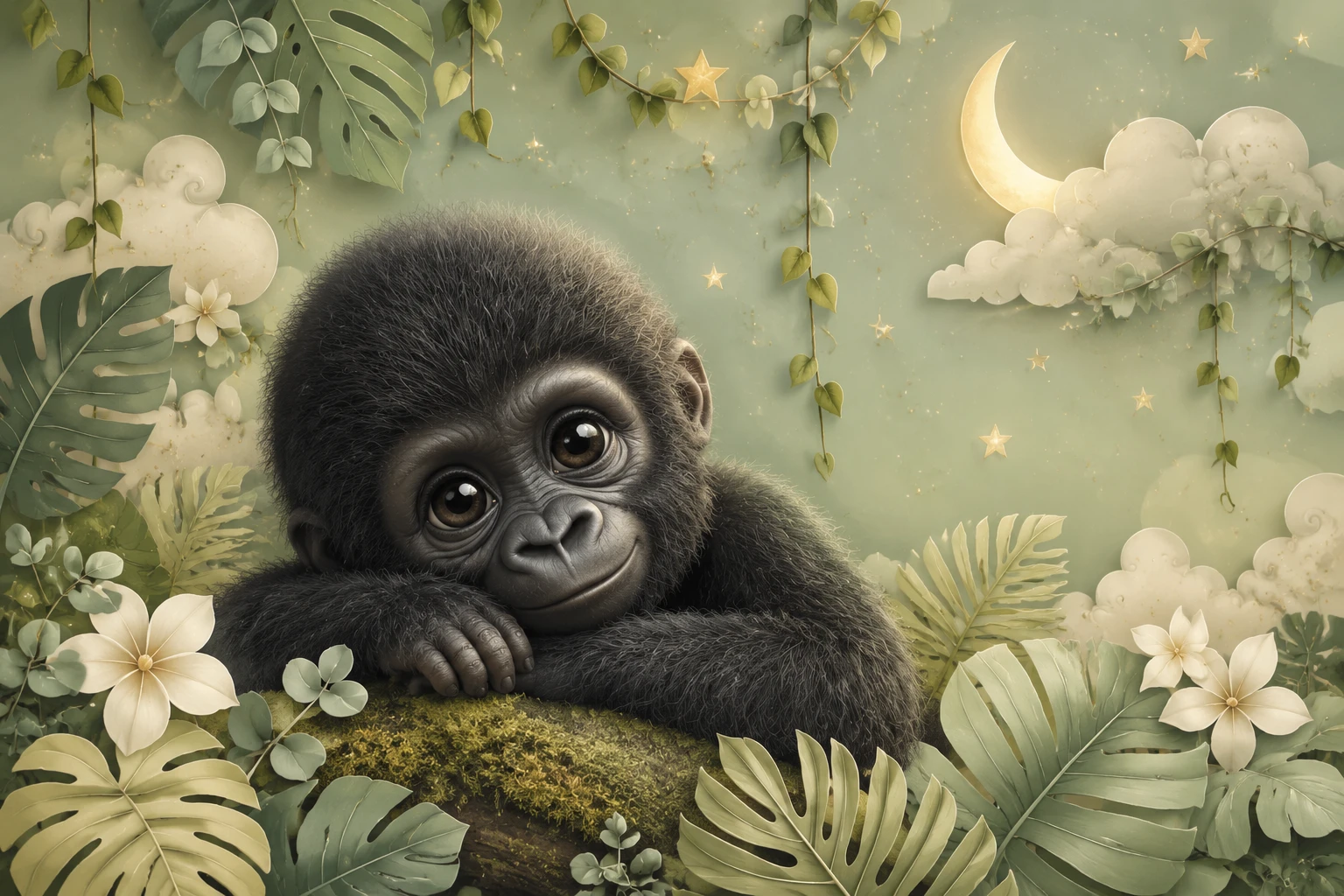 Süßes Baby-Gorilla mit pastellfarbenen Dschungelblättern – Illustration