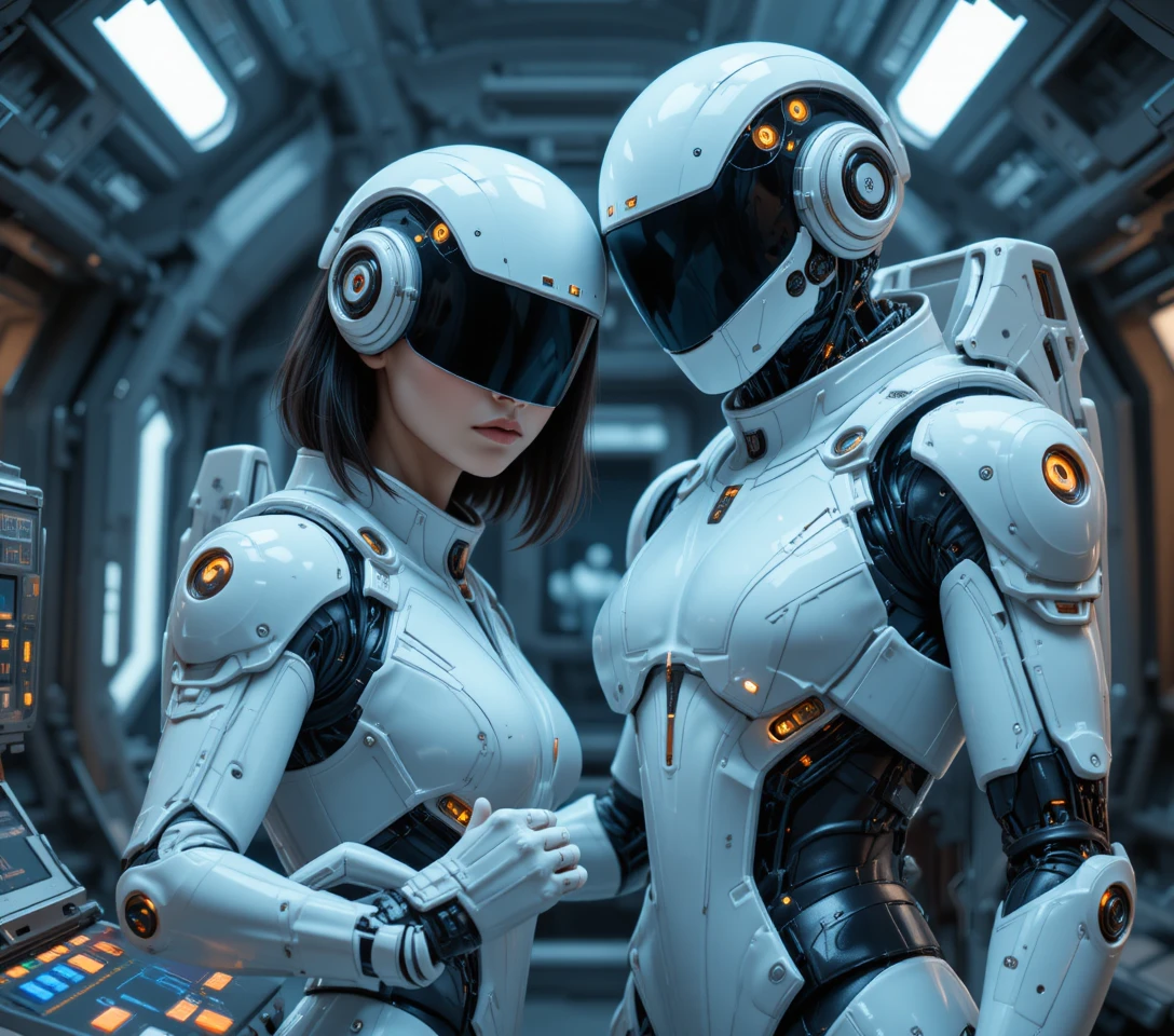 Astronauta feminina com robô em sala de controle futurista de nave espacial