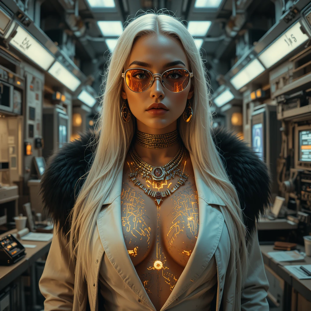 Retrato intenso de mujer cyberpunk en laboratorio futurista