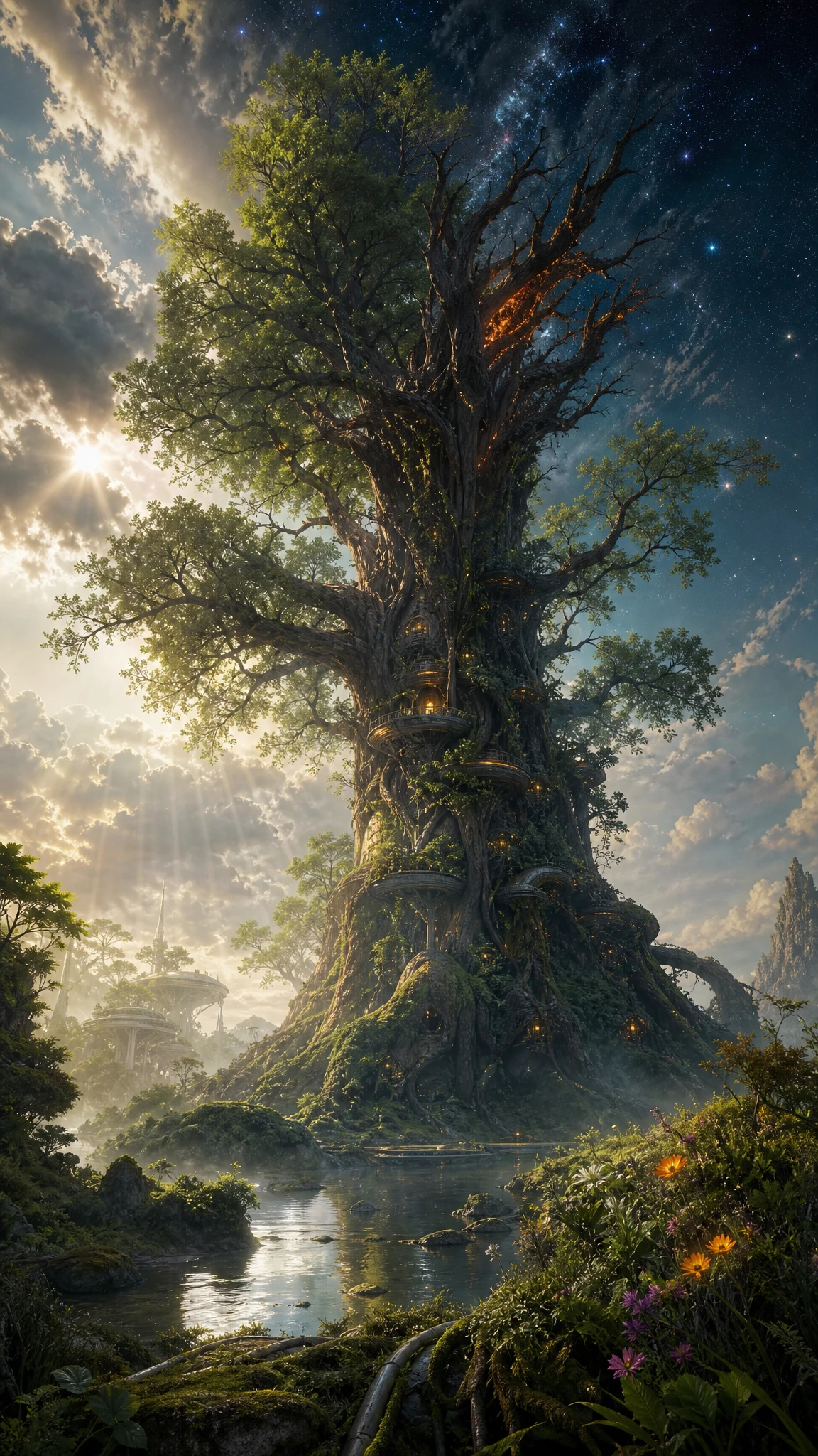 Imponente albero magico sopra un rigoglioso fiume fantastico