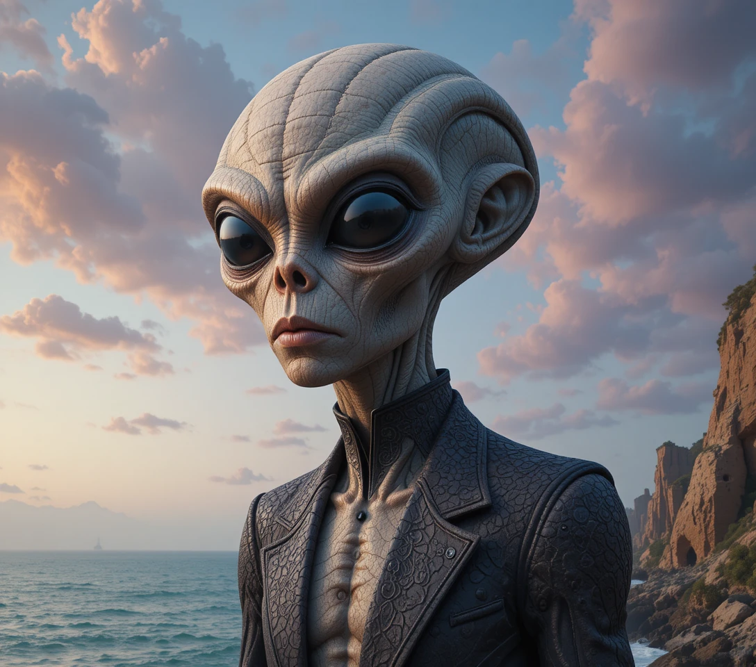 안개 낀 하늘 아래 늙은 humanoid 외계인의 영화 같은 클로즈업