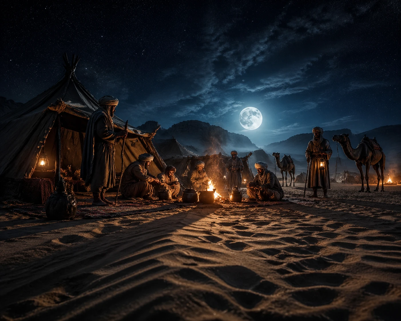 Nomadi del deserto riuniti di notte attorno a falò illuminati dalla luna