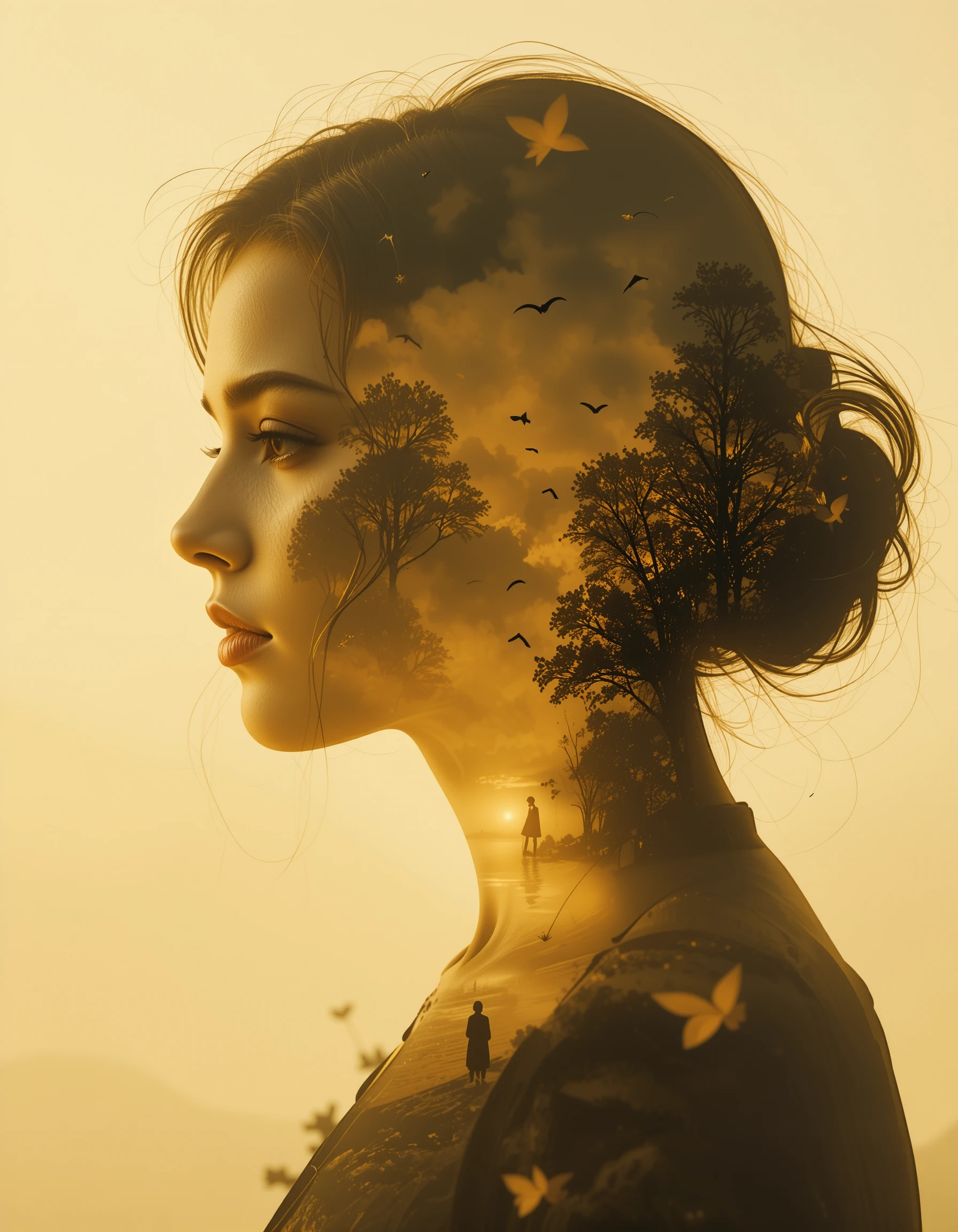 Double exposure portrait of a woman with golden landscape