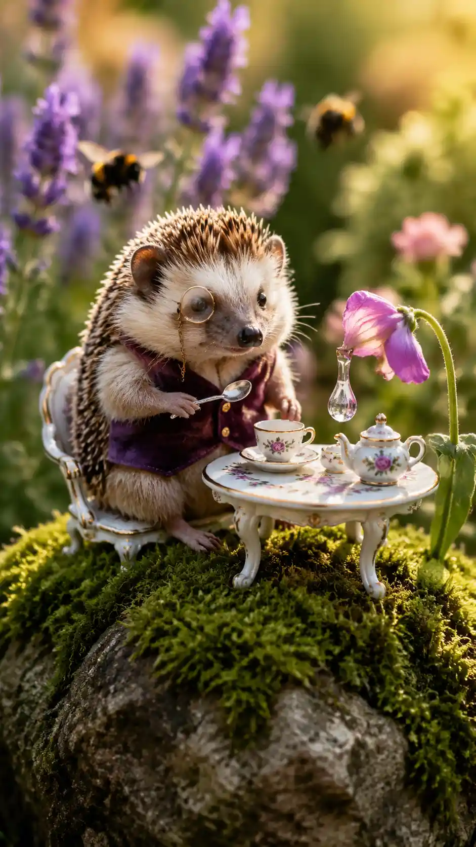 Tiny Hedgehog At A Tea Table In A Sunlit Garden