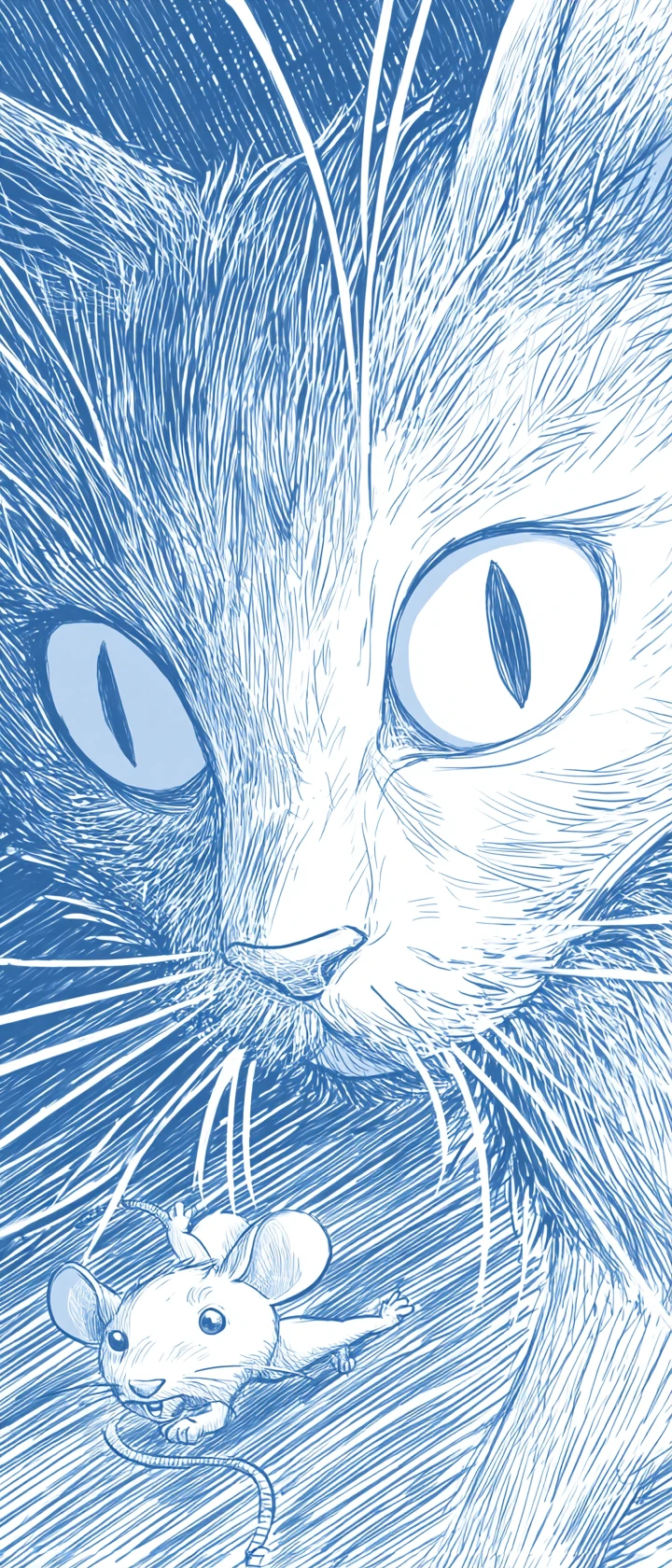 Esboço dinâmico em estilo mangá de um gato perseguindo um rato em fuga