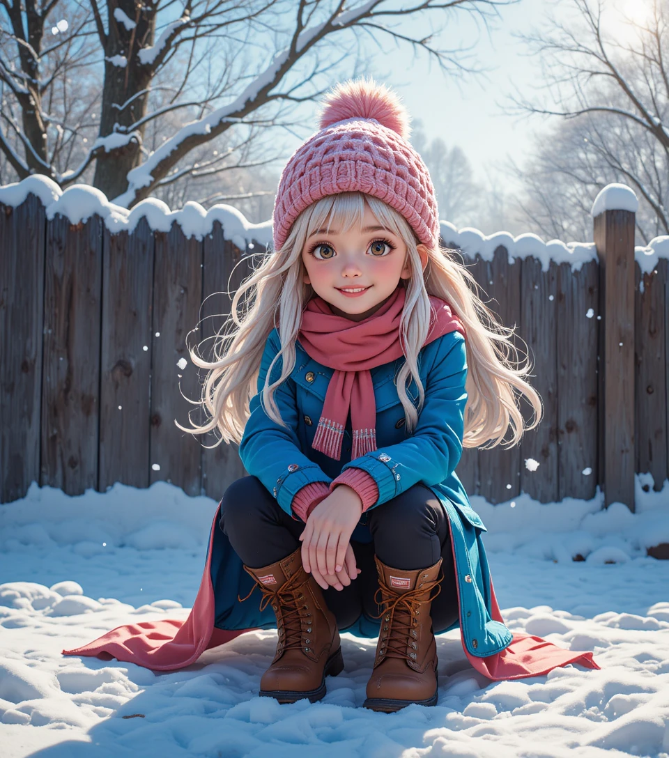 Fille d’anime souriante dans un paysage d’hiver ensoleillé