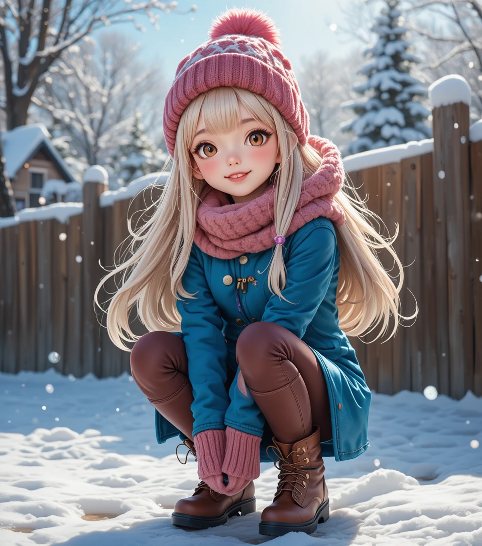 Smiling anime girl in a sunny winter landscape