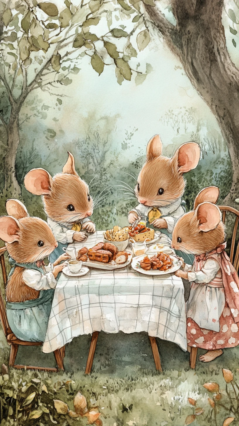 Família de ratos em aquarela aproveitando um piquenique calmo na floresta