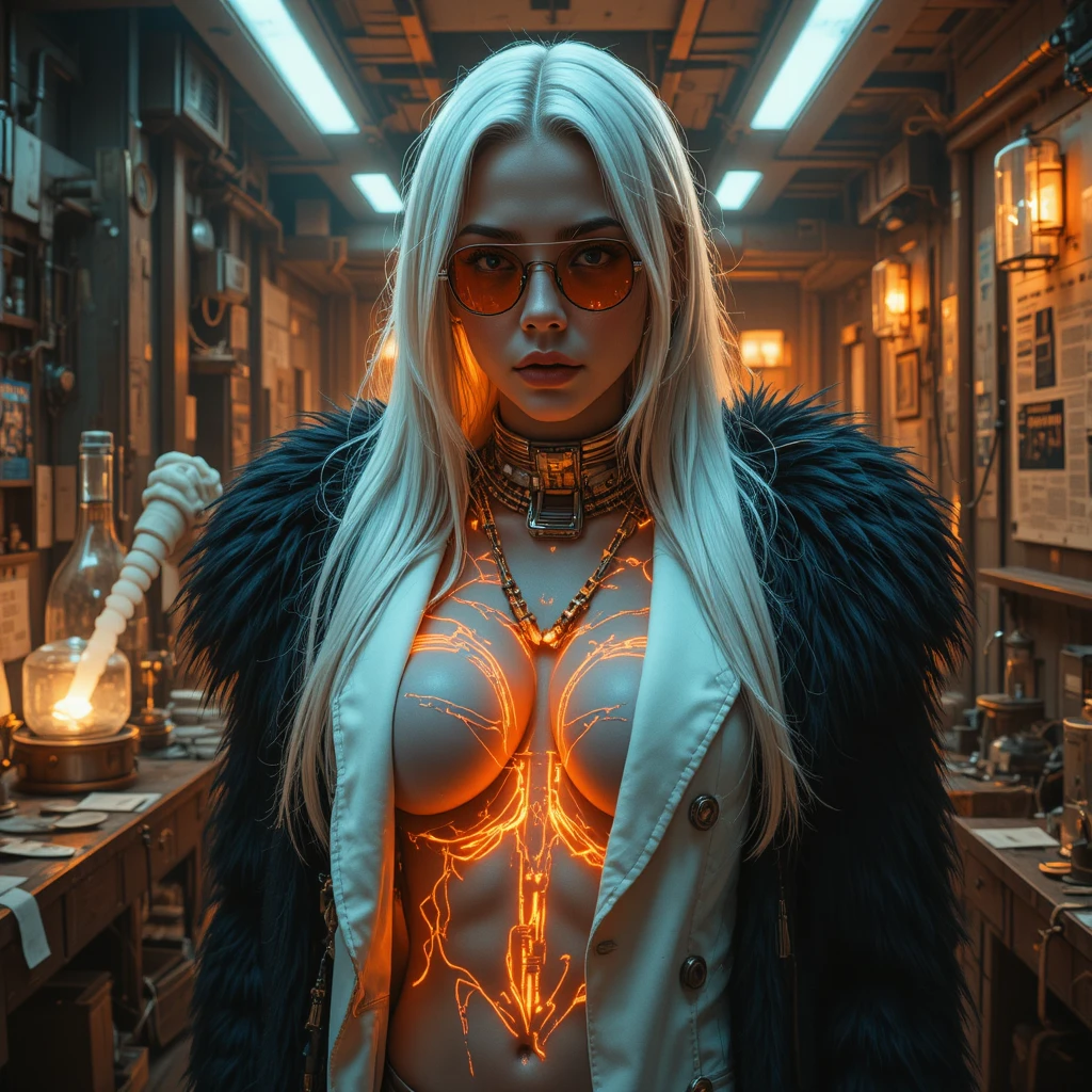 Cyberpunk-Femme-fatale in einem verfallenden Biotech-Labor