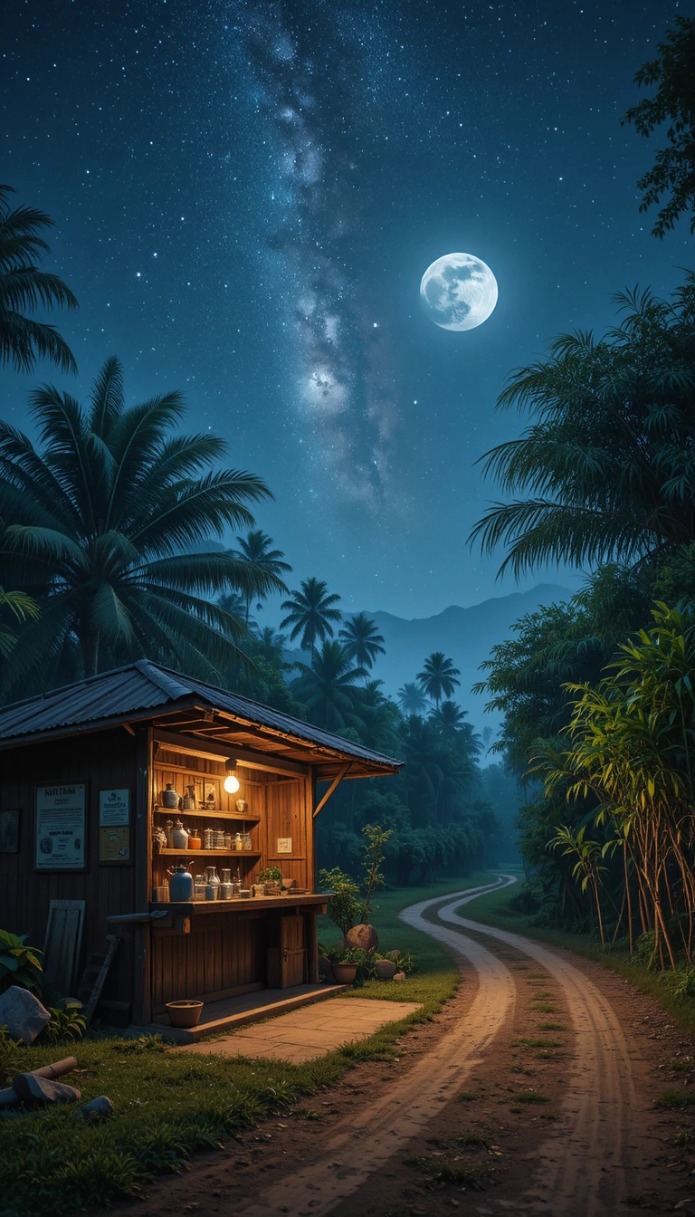 夜空下柔和發光的鄉村質樸茶攤