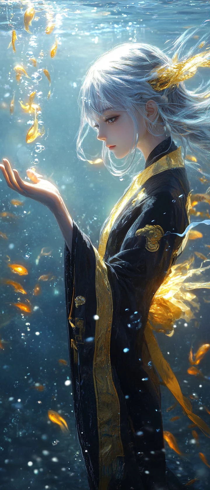 幻想的な水中世界で手を伸ばす憂いを帯びた少女