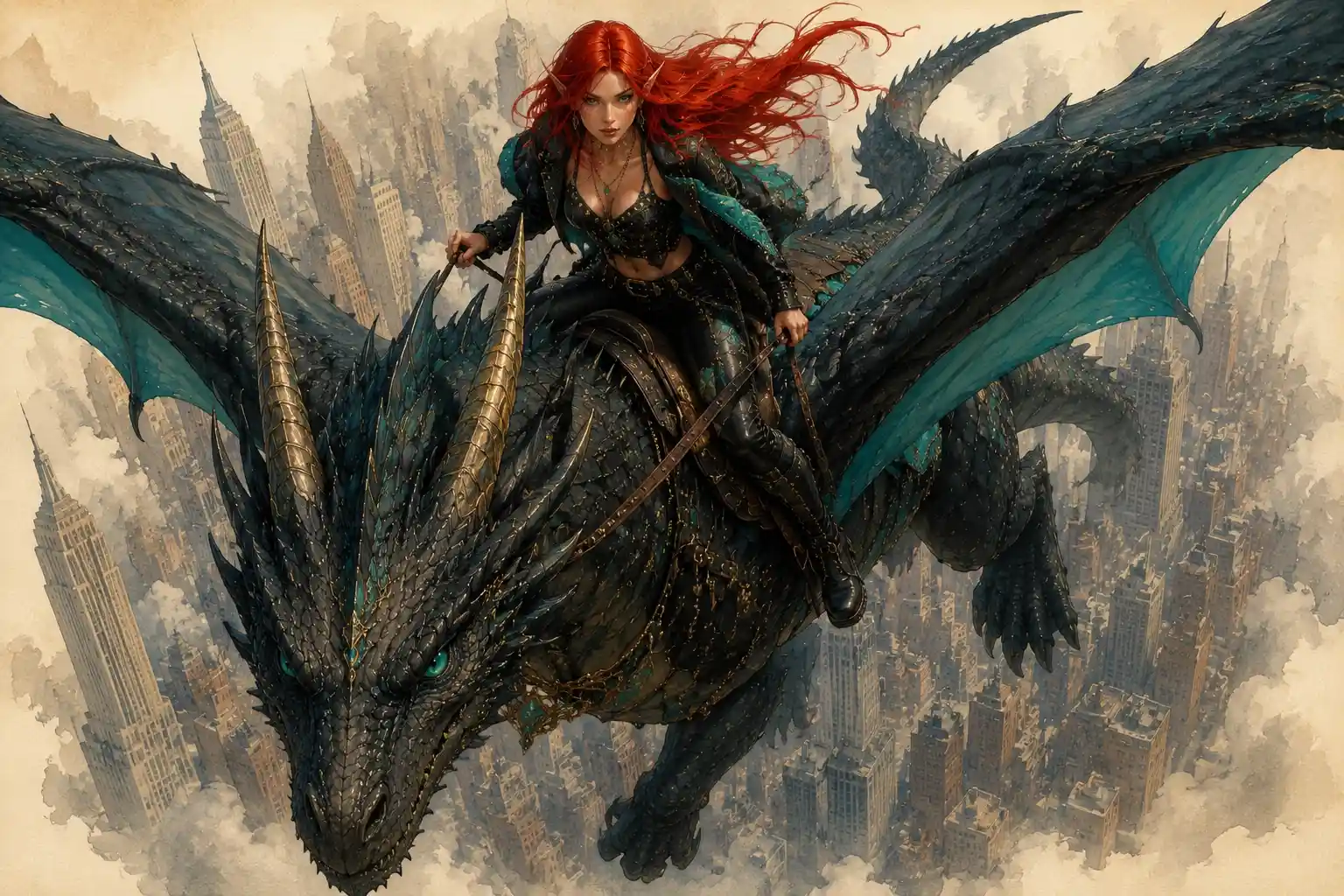 Cavalière elfe planant sur un dragon au‑dessus d’une ville de fantasy vintage