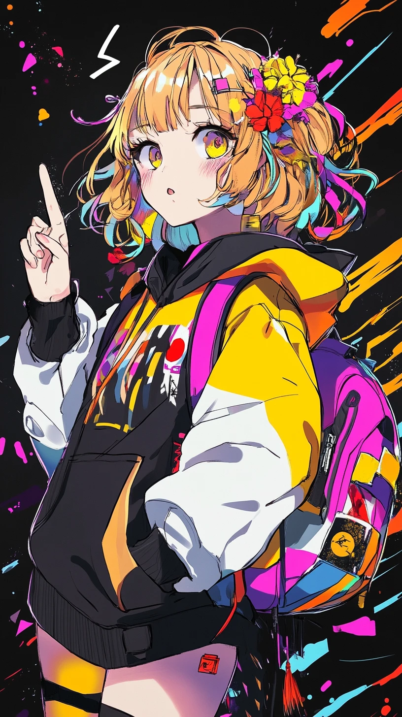 Chica de anime con flores y fondo de arte urbano geométrico