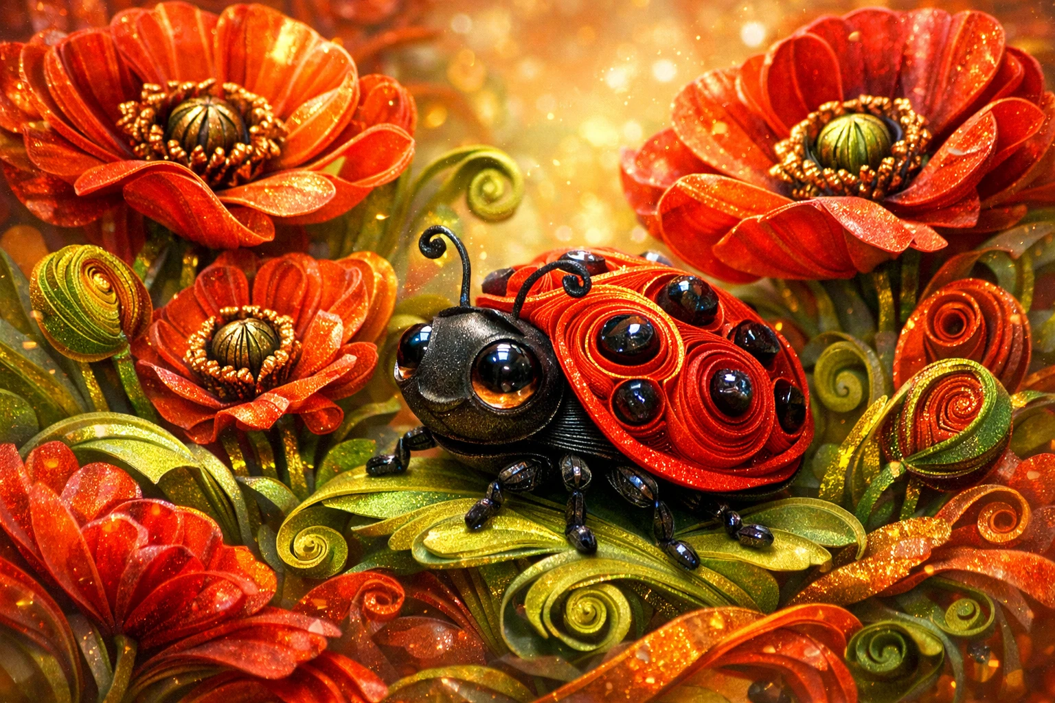 Verspielter Paper-Quilling-Marienkäfer mit rotem Spiralpanzer