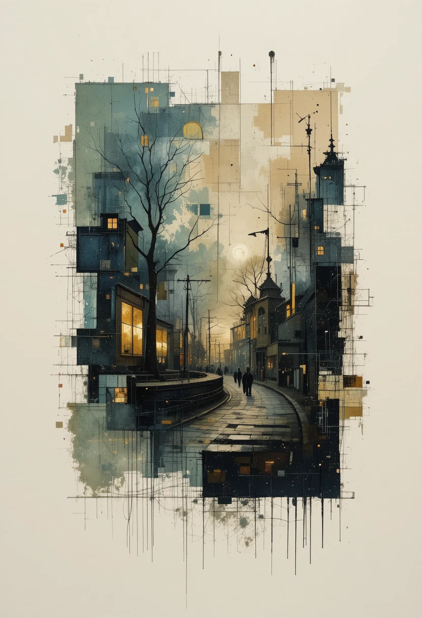 Colagem abstrata de formas sobrepostas em tons suaves de entardecer
