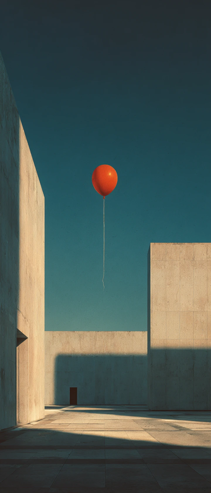 Ilustração minimalista de balão vermelho sobre praça brutalista