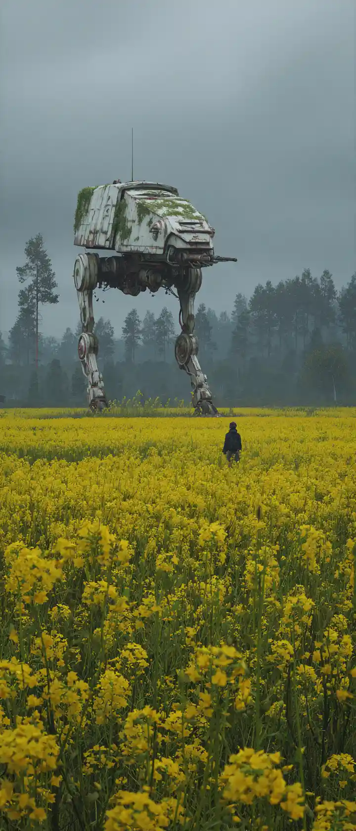 Colossale mech arrugginito nella campagna svedese di colza
