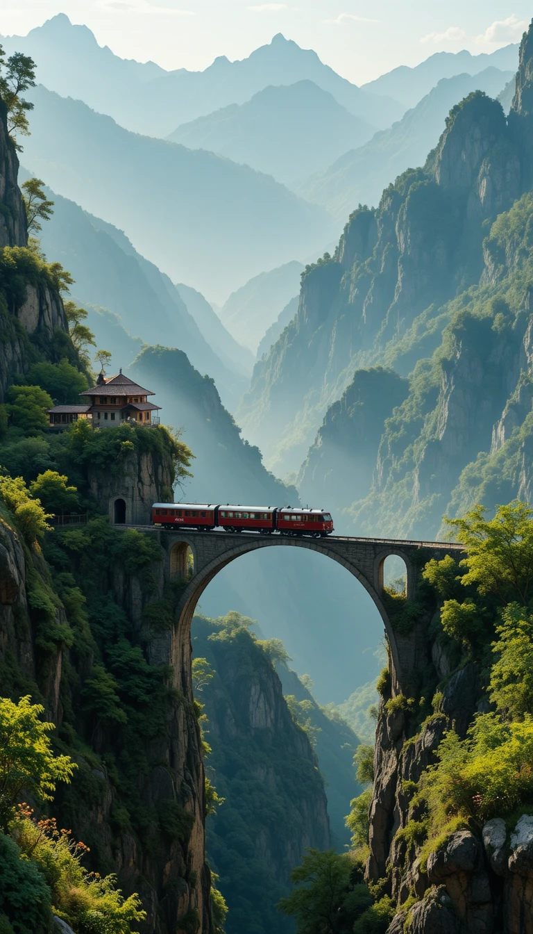 高山石橋上的復古紅色火車
