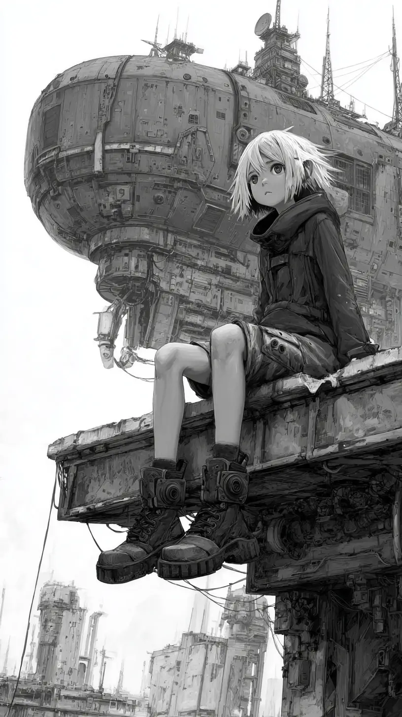 Anime girl on ruined ledge under looming airship fortress