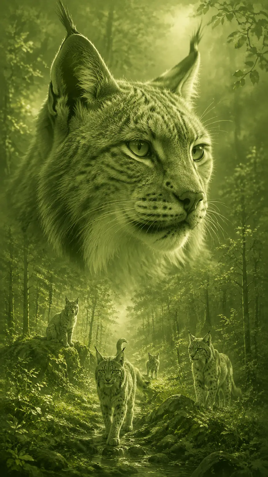 Majestätisches Luchs-Porträt über Luchsen im sonnendurchfluteten Wald