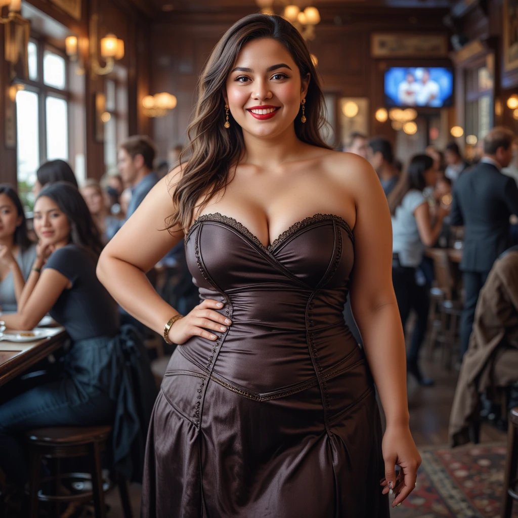 Mulher plus size confiante com vestido espartilho em pub movimentado