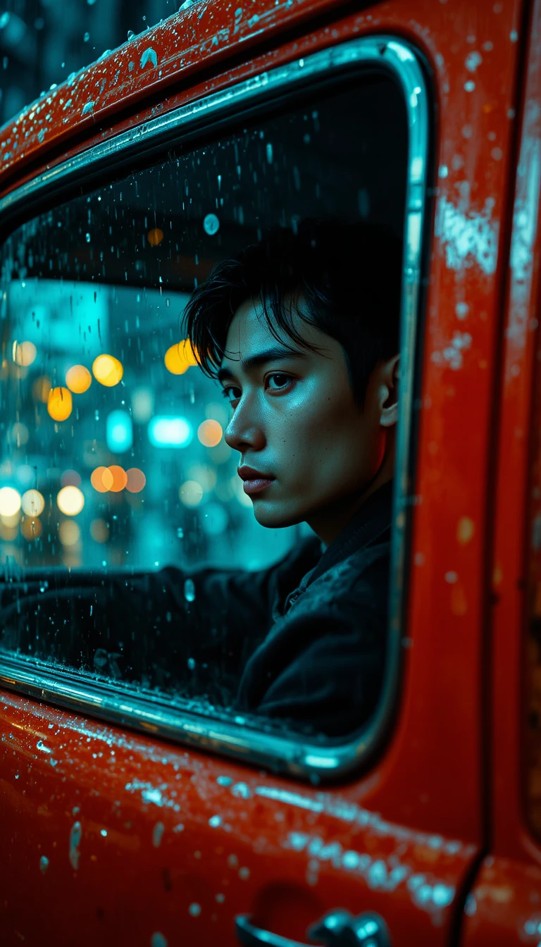Jovem em um táxi numa noite chuvosa com iluminação cinematográfica