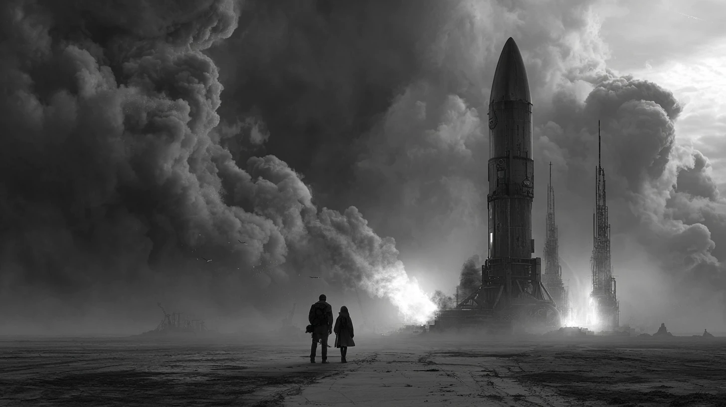 荒廃した地球でロケットが脱出する中に立つ女性と父親