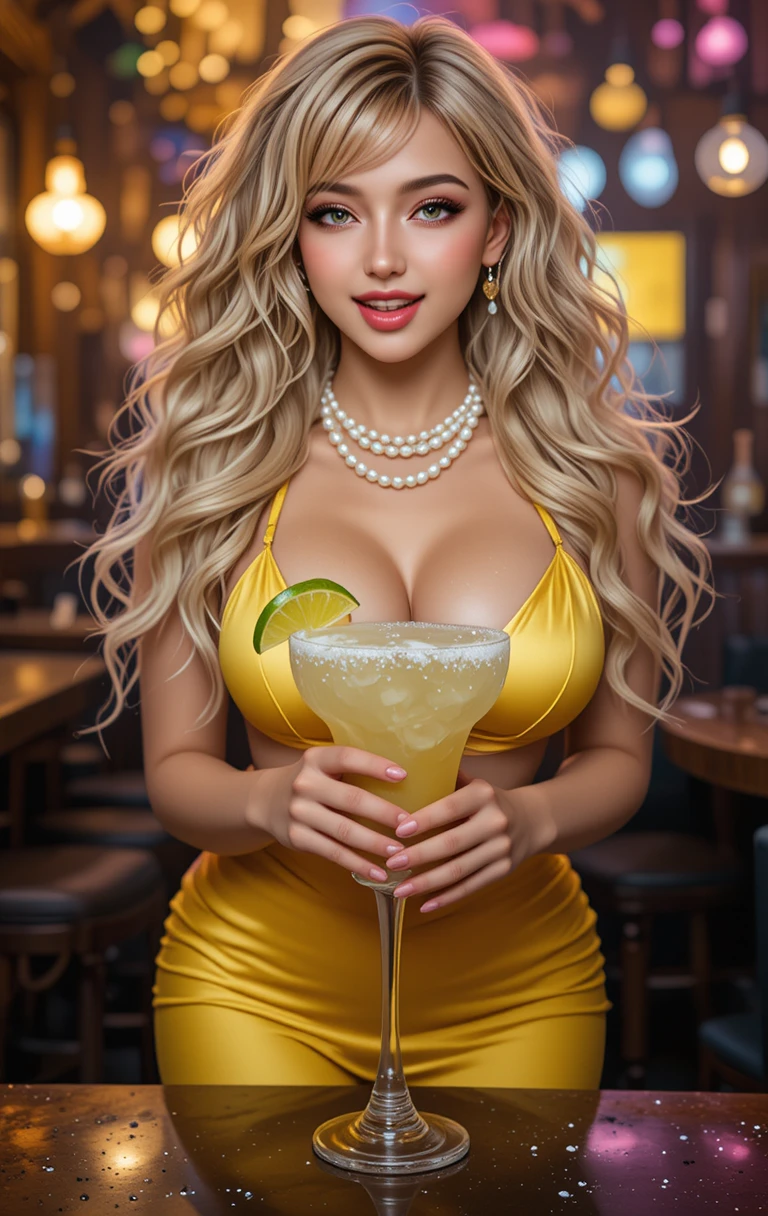 Donna bionda glamour con margarita in ristorante messicano