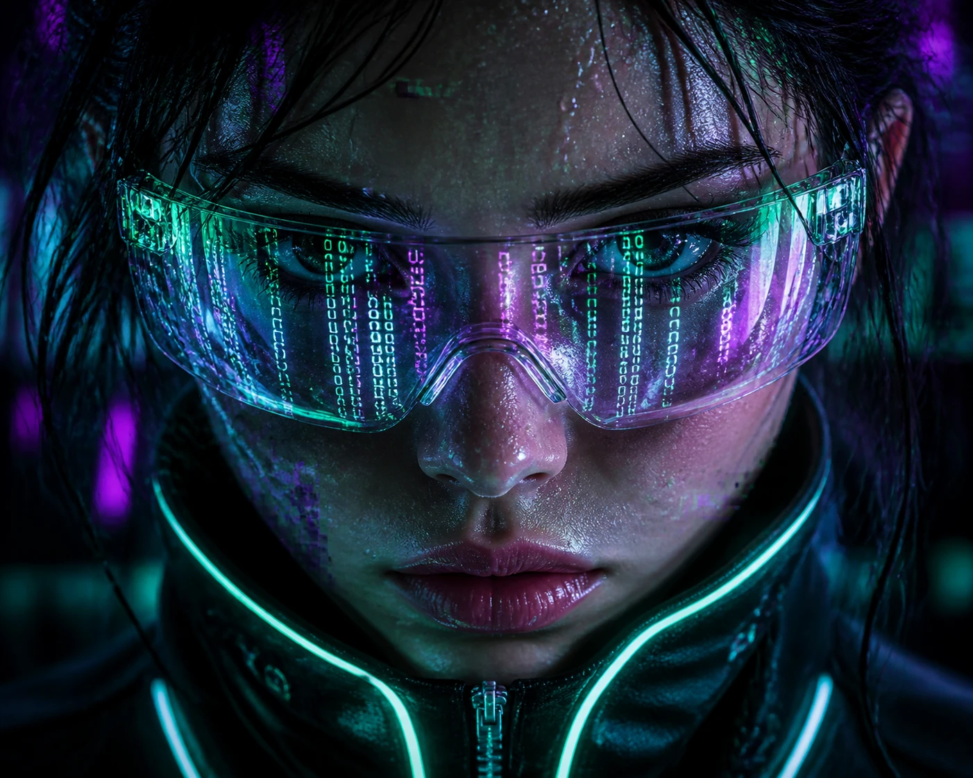 Mädchen mit Neon-Tech-Brille und leuchtenden Binärreflexionen