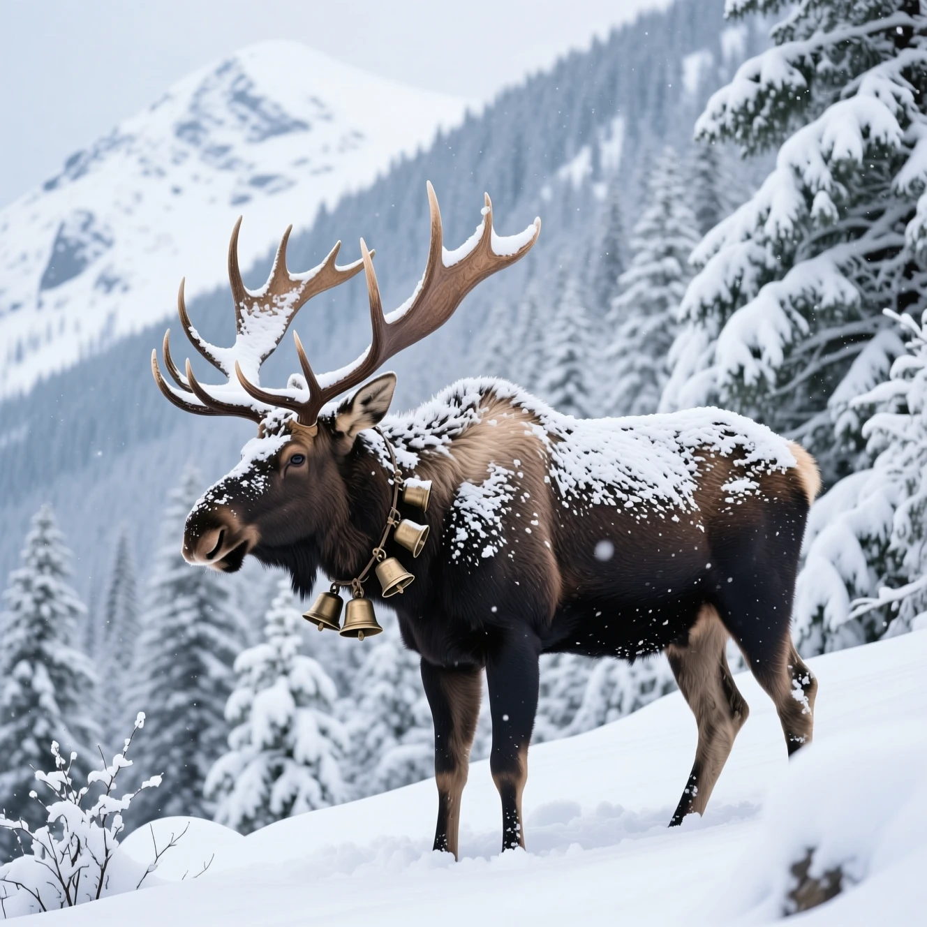 Alce maschio in piedi sotto una fitta nevicata su un fianco di montagna innevato