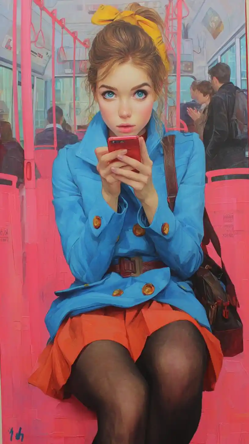 早晨公車上在陽光下看手機的女子