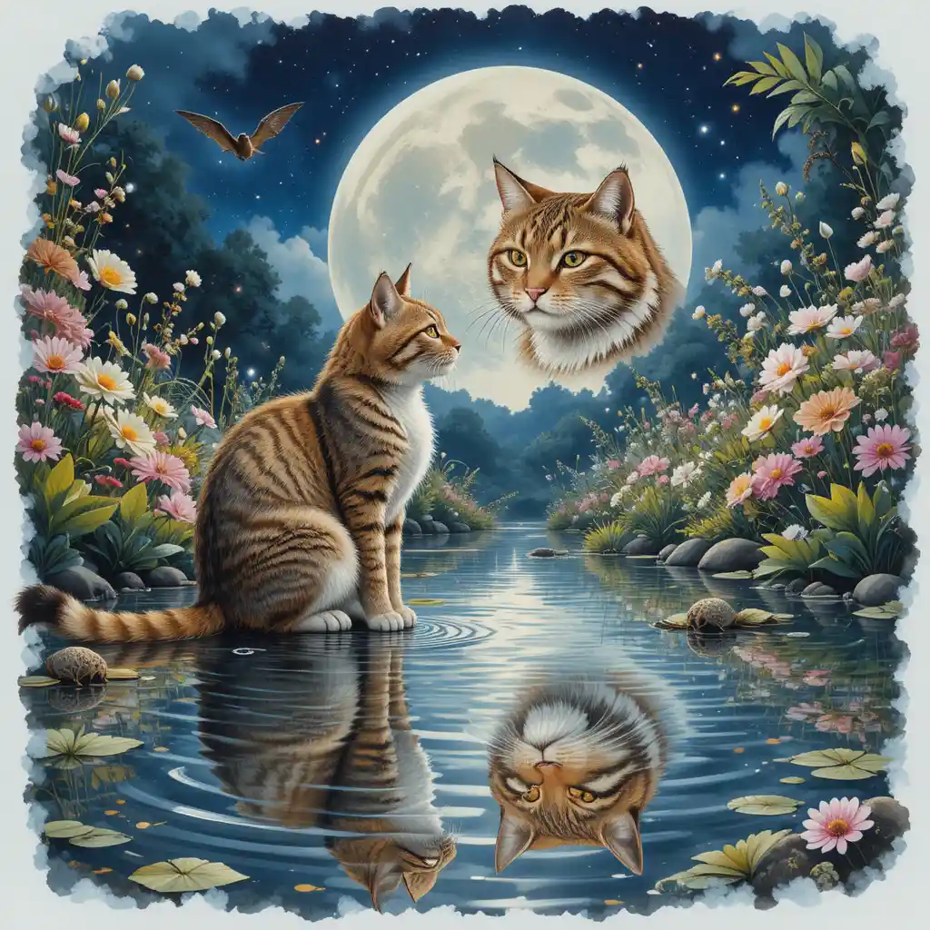 Gatto Tigrato al Laghetto del Giardino sotto un Cielo Notturno Magico