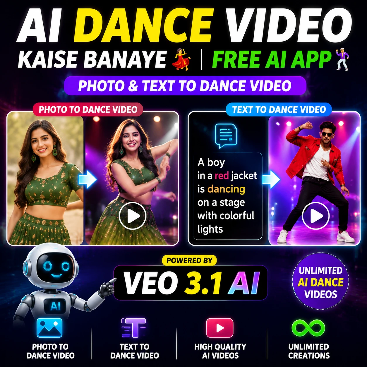 Texto de tutorial colorido sobre como criar vídeos de dança com IA