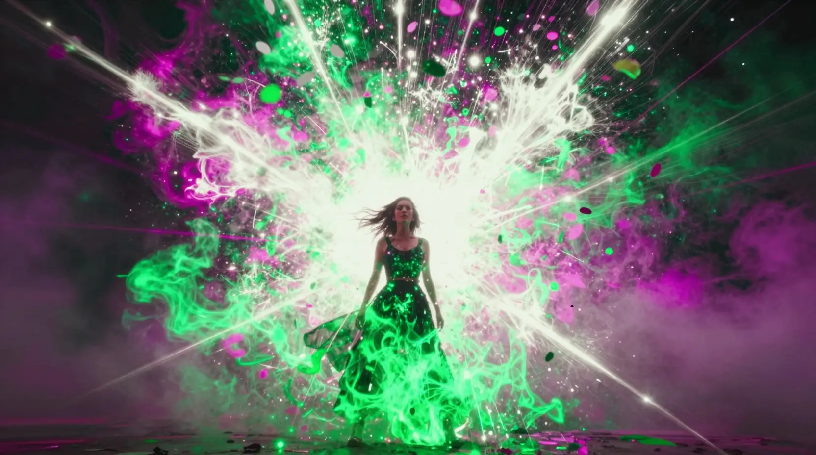 Femme engloutie dans une lumière néon lors d’une explosion grandiose