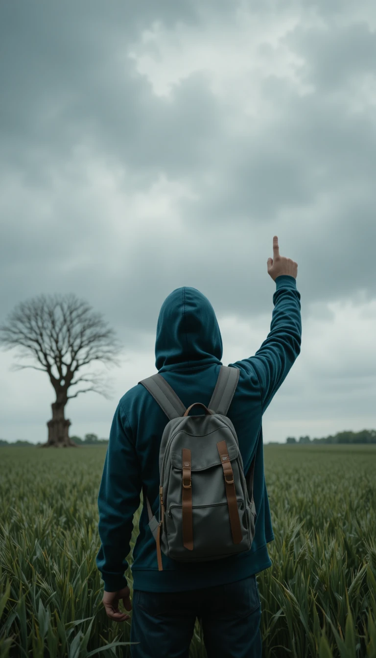Homem de moletom apontando para as nuvens sobre campo de trigo verde